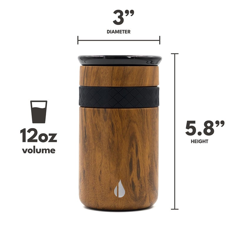 Elemental Artisan Insulated Tumbler, Triple Wall Coffee Travel Mug, Reusable Stainless Steel Coffee Tumbler with Ceramic Lid, Thermal Coffee Cups for Hot (6 Hrs) & Cold (18 Hrs), 12oz - Teak Wood - Image 2